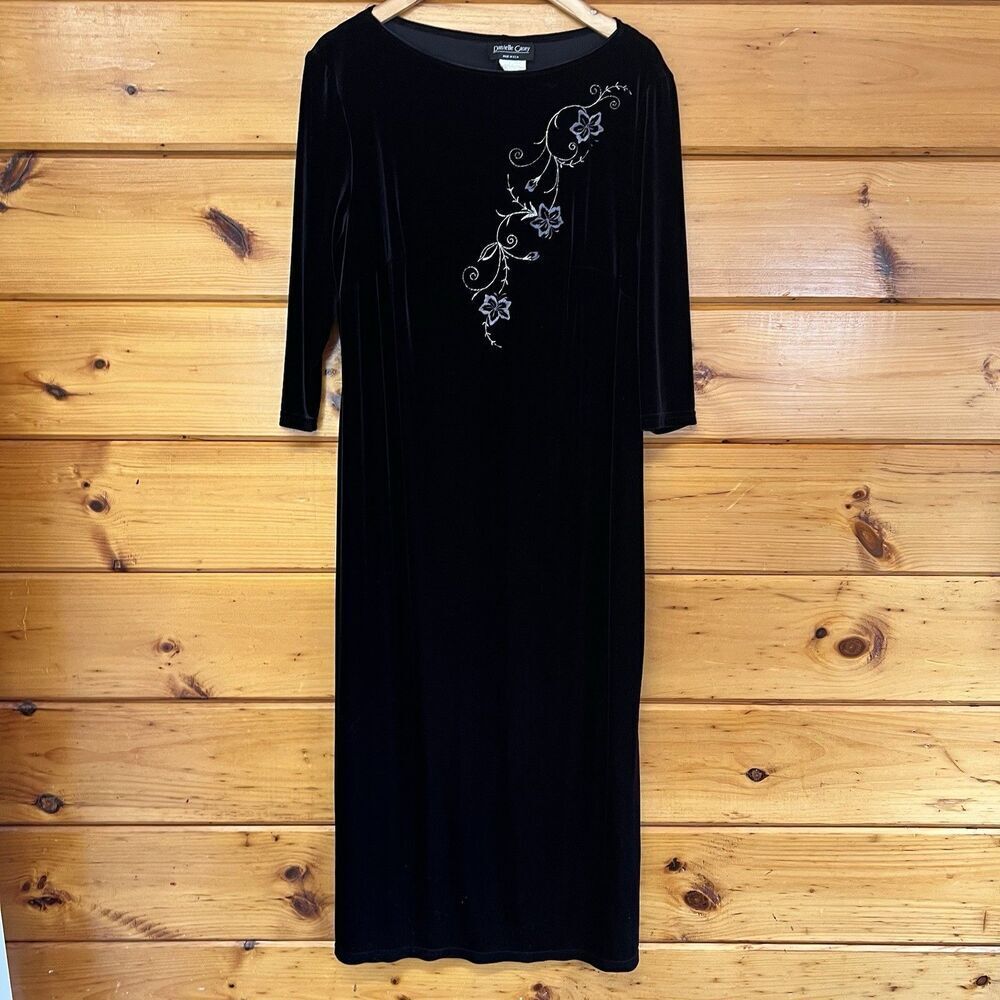 VTG Danielle Casey Velvet Long Sleeve Black Midi Dress Stretch Embroidery 16